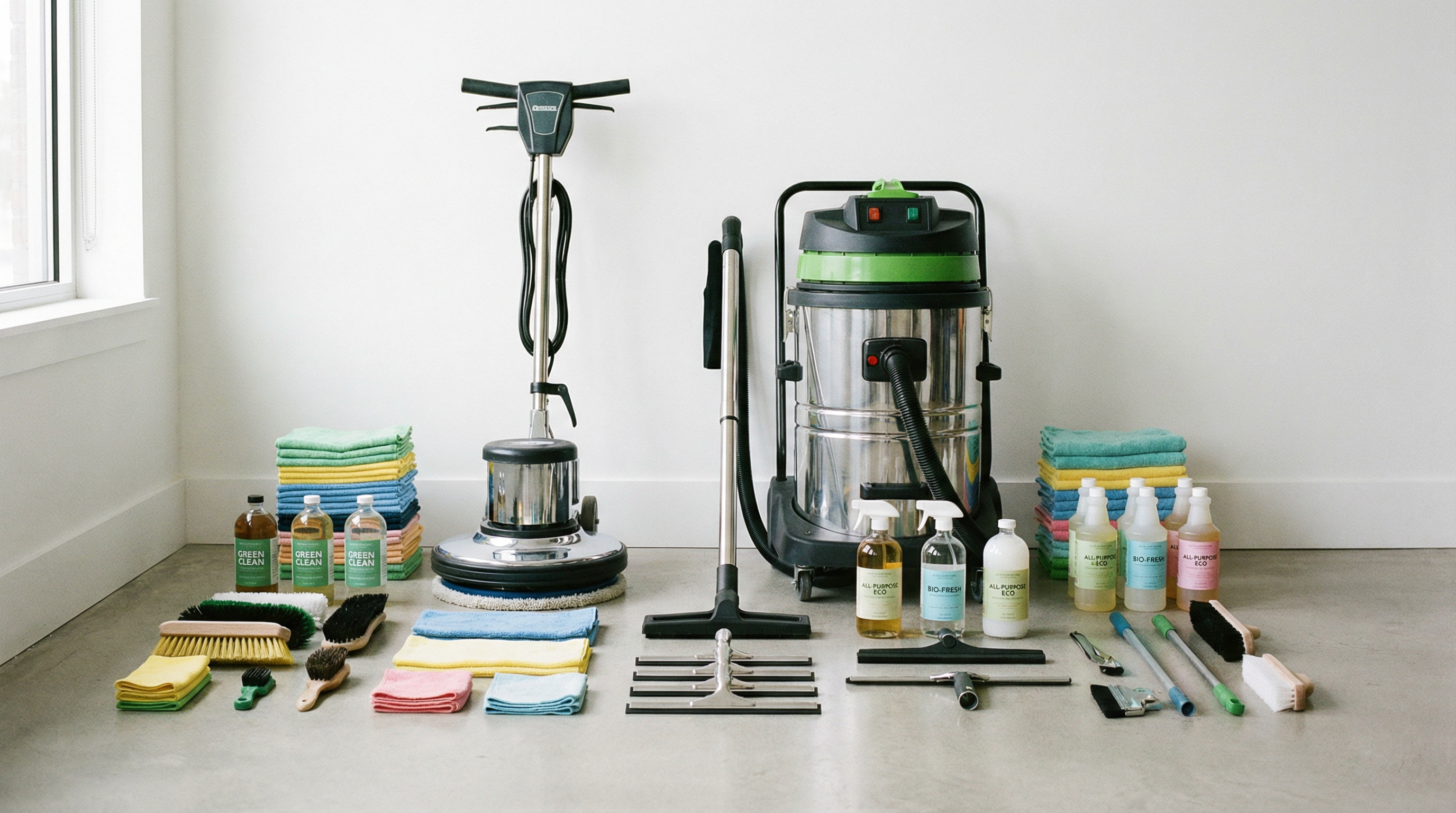 Professional cleaning equipment and tools used by our maintenance team